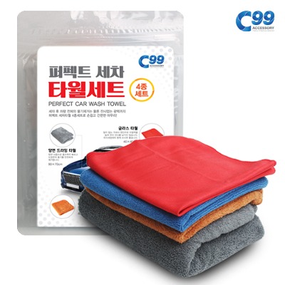 C99 퍼펙트 세차 타월 4종 세트 드라잉타월, 버핑타월, 글라스타월, 다용도타월_마이크로 화이버, 초극세사